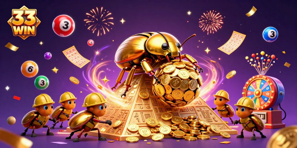 Engage in the 33 WIN adventure with a golden dung beetle rolling riches and vibrant gambling elements!