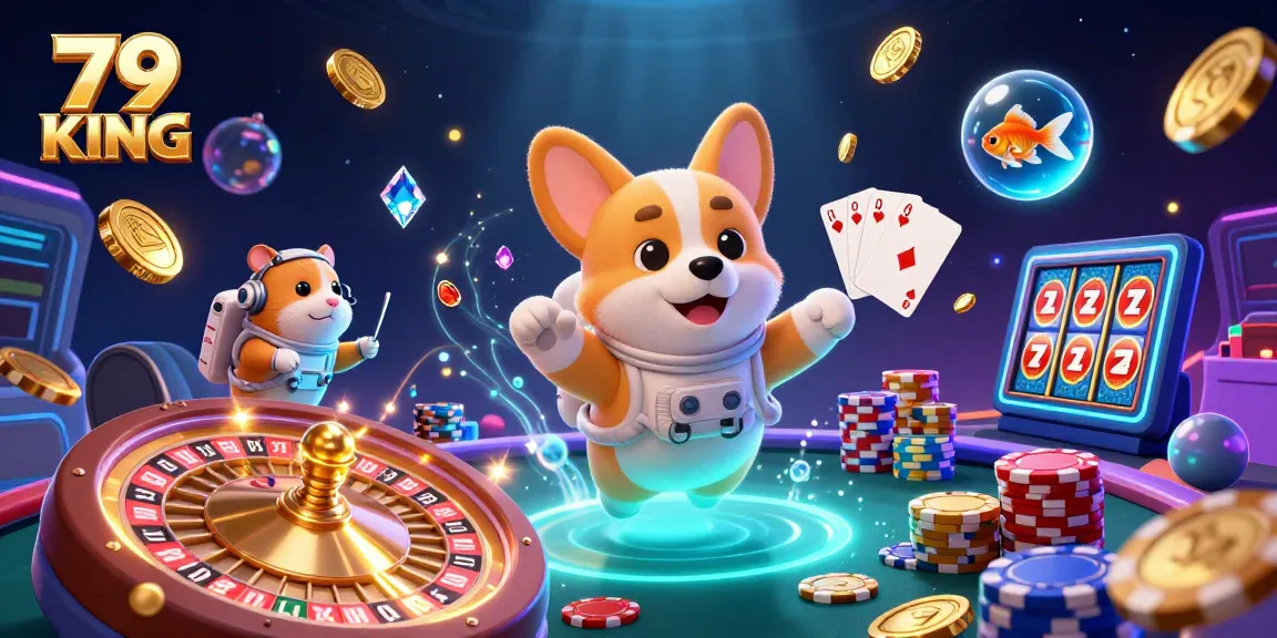 Experience the excitement of 79 KING as a floating corgi and friends engage in casino fun!