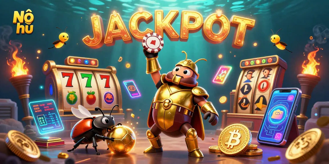 Nổ hũ jackpot celebrations with vibrant casino characters and glowing game elements