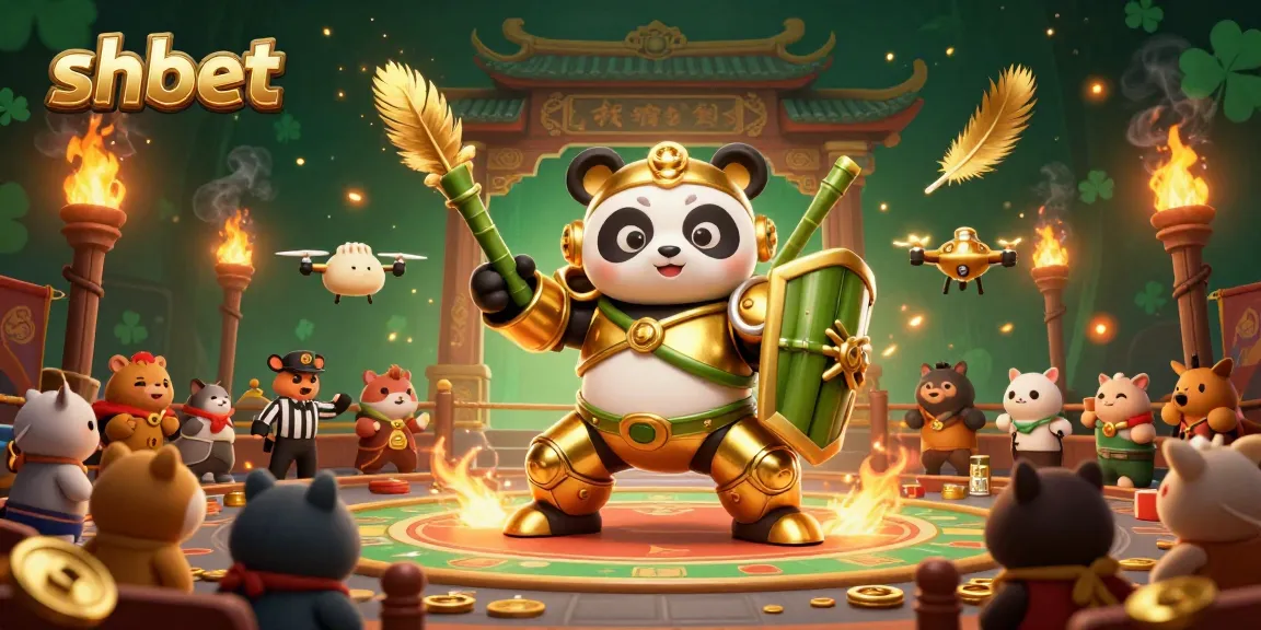 Experience thrilling shbet betting with a golden panda in a vibrant gambling arena.