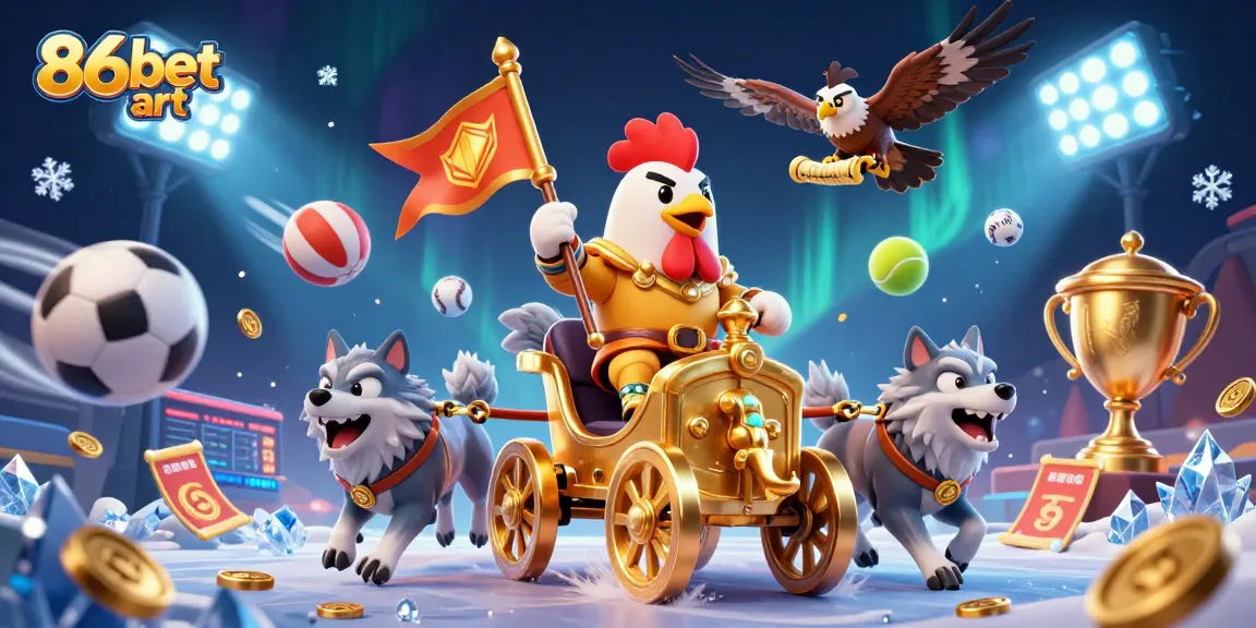 Experience adventurous betting with vibrant 86bet art showcasing a rooster warlord and sports elements.
