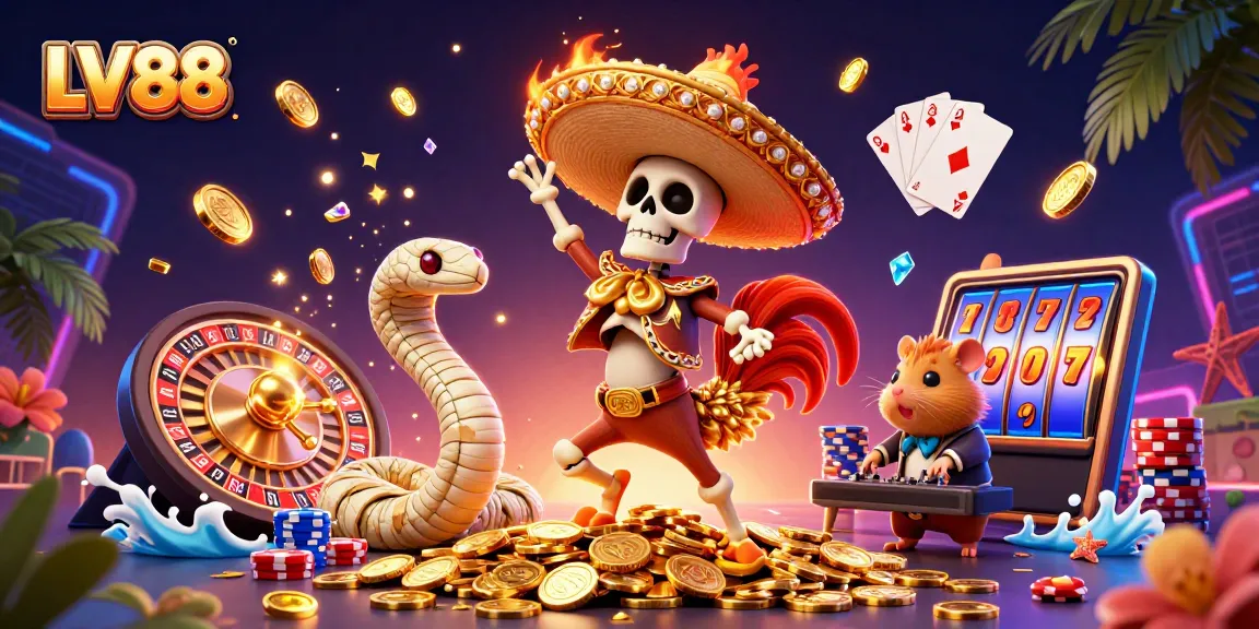 Experience winnings at LV88 with vibrant cartoon characters celebrating surrounded by casino elements.