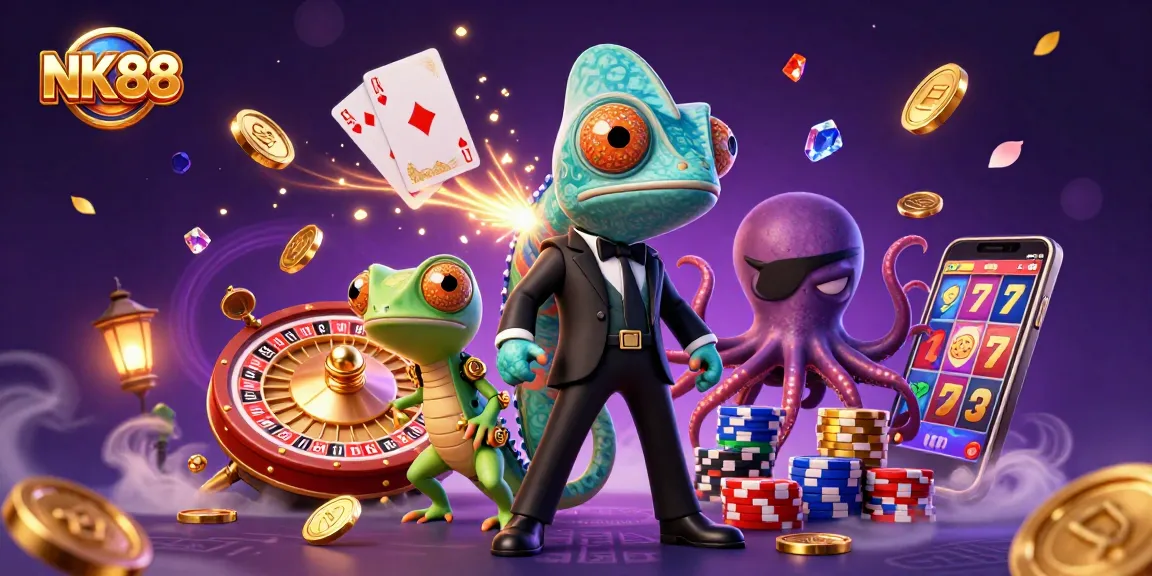 Experience exhilarating gaming action with NK88's vibrant 3D illustration featuring thrilling casino elements.