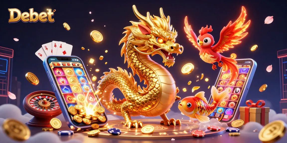 Experience exciting betting with Debet at this dynamic gambling illustration filled with gold coins and games.