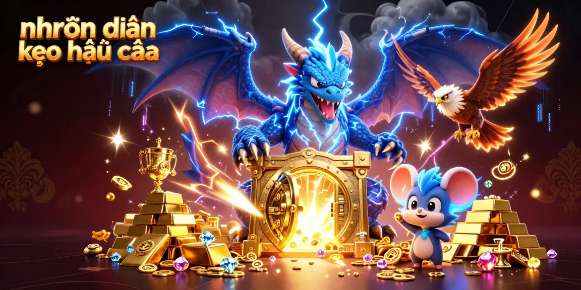 Exciting scene showcasing nhận định kèo nhà cái with a thunder dragon, wind hawk, and treasures in an electrifying setting.