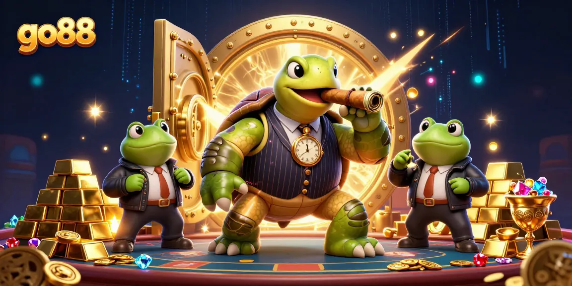 Experience the excitement of go88 with vibrant casino action featuring a mobster turtle among treasures.