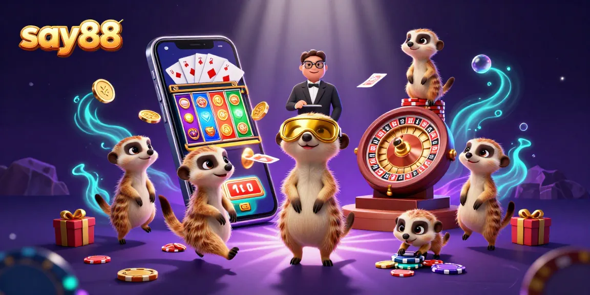 Engage with say88's thrilling casino world featuring meerkats operating games with vibrant elements.