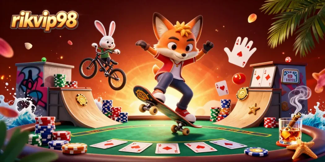Engage with dynamic gaming action at rikvip98, featuring a fox and rabbit in a vibrant casino scene.