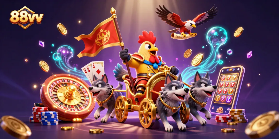 Experience thrilling gameplay with 88vv's exciting casino elements featuring a dynamic rooster warlord and vibrant gaming visuals.