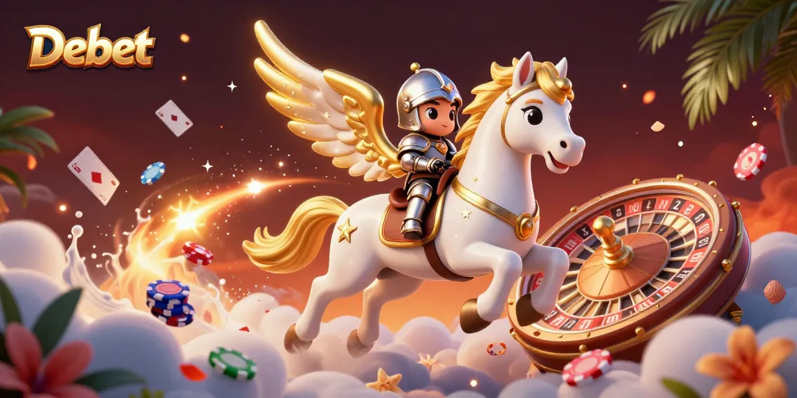 Experience thrilling games at Debet with vibrant casino elements and an enchanting knight.