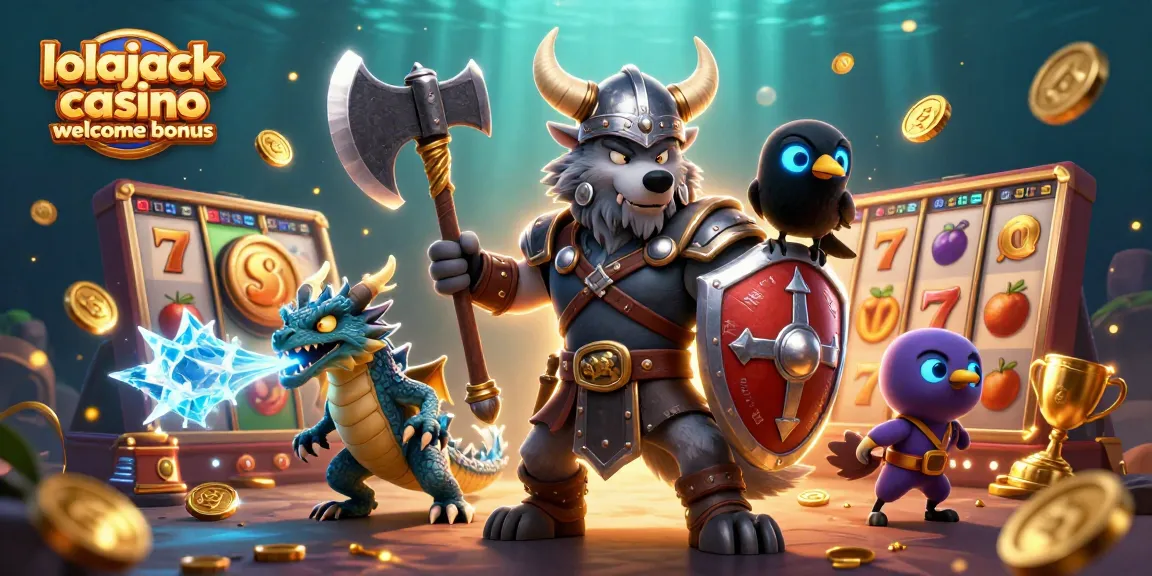 Claim the lolajack casino welcome bonus with vibrant 3D illustration featuring casino elements and characters.
