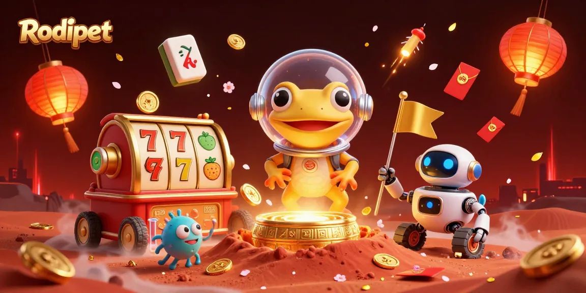 Play and engage with Rodipet's vibrant casino scene featuring Martian characters and golden slot machines.