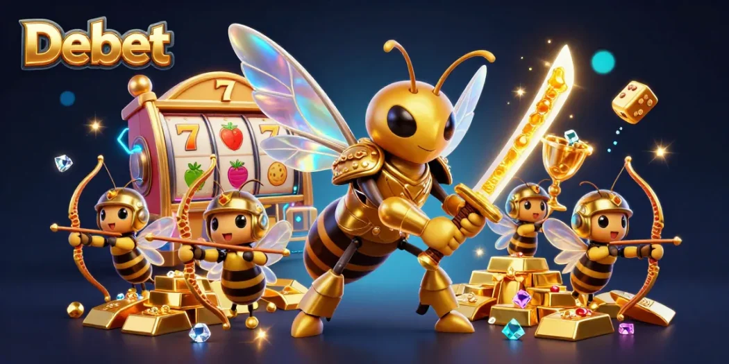 Experience the excitement of Debet with a vibrant 3D casino illustration featuring a golden hornet samurai and captivating slot reels.