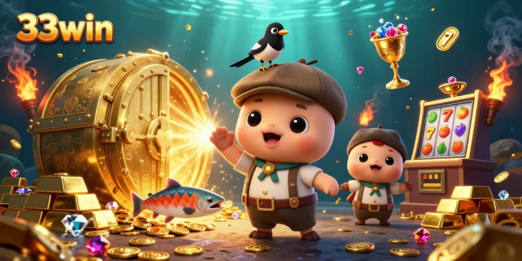 Experience 33win's colorful casino vibes with cartoon Nessie and a gold-obsessed magpie in a joyful, treasure-filled scene.