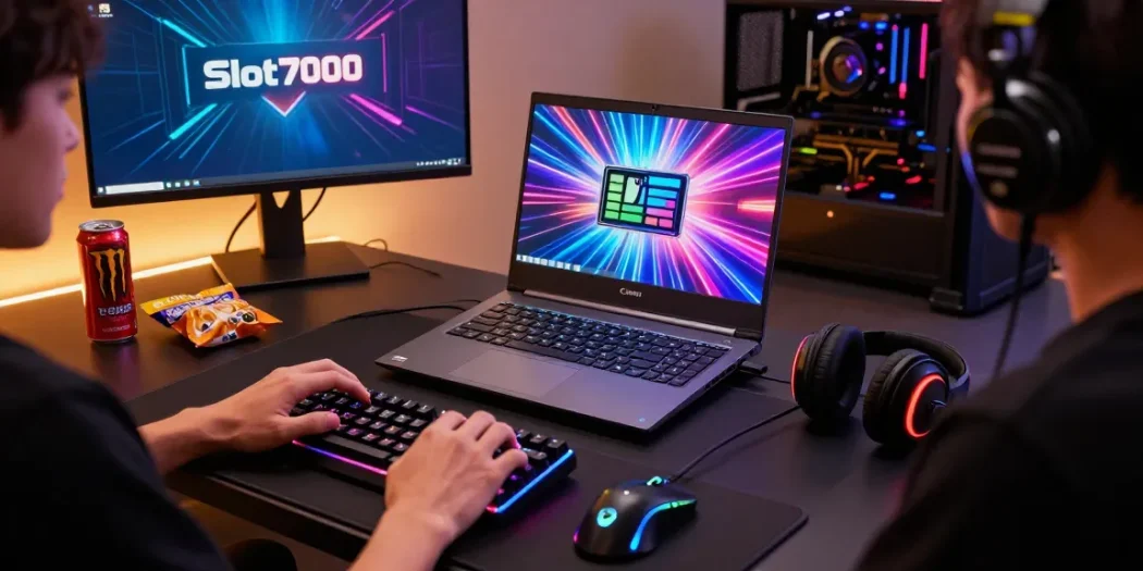 Slot7000 gaming setup with vibrant graphics and accessories for an immersive experience.