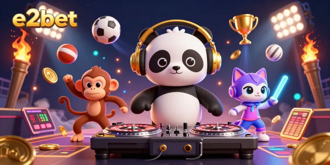 Join the excitement at e2bet with a lively 3D casino party scene featuring animated characters and gaming elements.