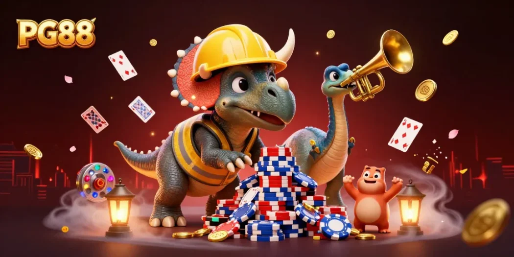 PG88 players celebrating with a unique dinosaur-themed illustration showcasing casino excitement.