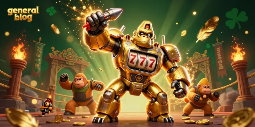 Engage with slots on the general blog featuring a vibrant 3D gorilla mech illustration.