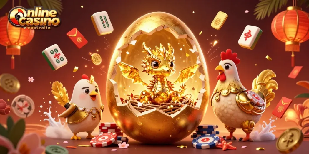 Experience the thrill of online casino Australia with a golden baby dragon and poker chips.