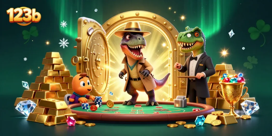 Experience thrilling action at 123b with cartoon velociraptor and stegosaurus in a dynamic casino scene.