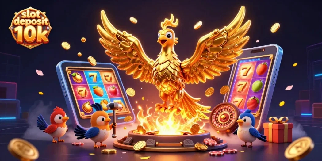 Engage with the excitement of slot deposit 10k in a visually stunning 3D scene featuring animated characters and casino elements.