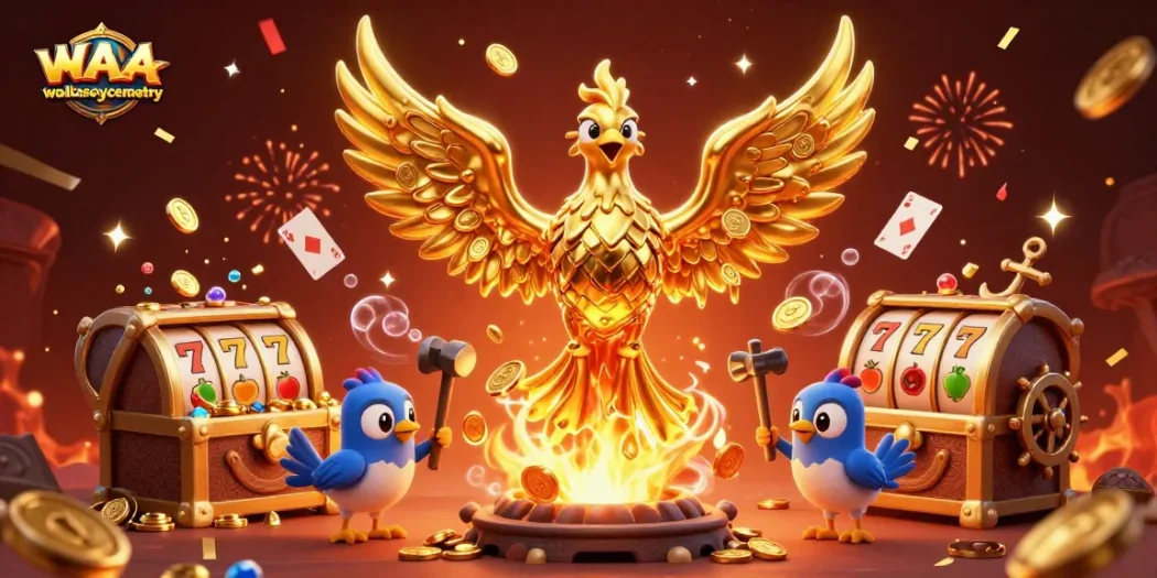Engage with wallaseycemetery as a molten phoenix rises from a fusion of gold, surrounded by vibrant gambling activities.