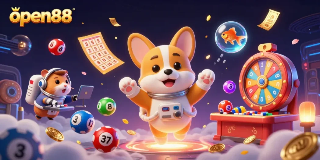 Experience the excitement of open88 with a playful astronaut corgi in a vibrant casino scene.