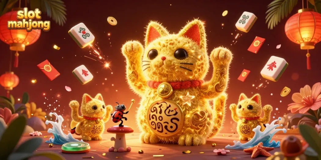 Experience thrilling gameplay with slot mahjong featuring a vibrant lucky cat in a casino-inspired scene.