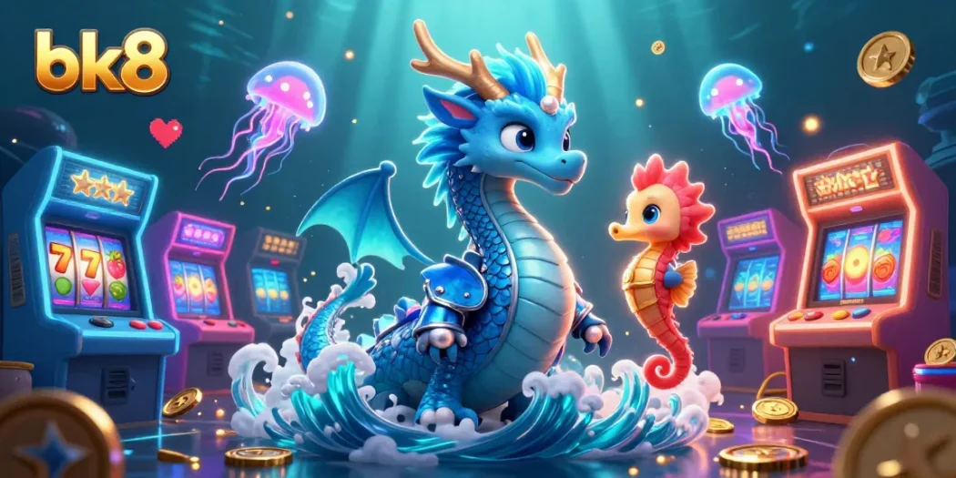 Play exciting games with bk8 featuring a majestic blue dragon, coral knight, and vibrant casino elements.