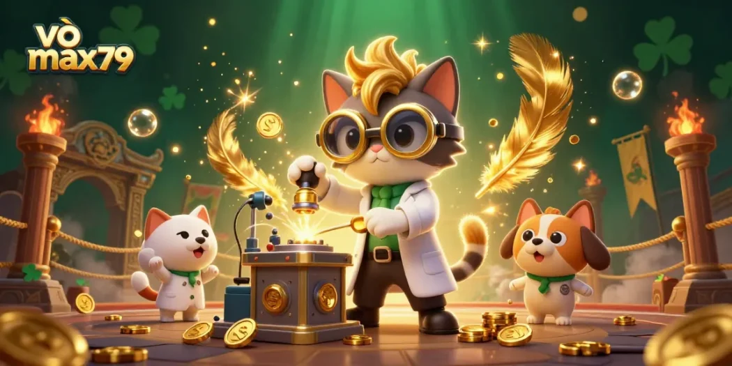 Join the action at vào max79 with a vibrant scene of gambling adventure and excitement amidst flying gold coins.