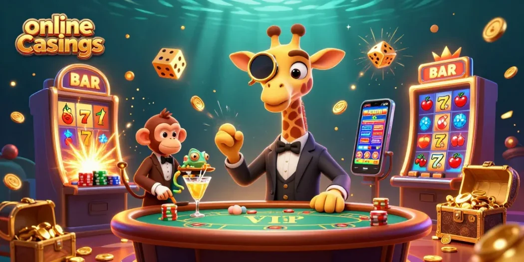 Experience vibrant online casinos with a giraffe at a poker table, surrounded by dynamic slot machines.