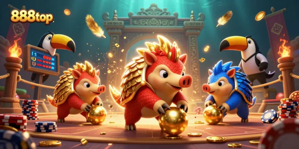 Experience the excitement of gaming at 888top with animated pangolins rolling into golden balls.